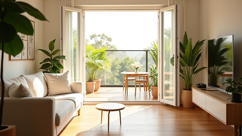 Sala luminosa com sofá cinzento e estantes limpas, janelas grandes abertas deixando luz natural entrar