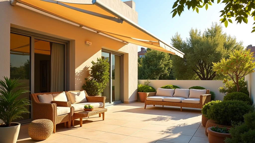 Terraço com toldo retrátil bege estendido, mobiliário de rattan, plantas verdes nos cantos, luz difusa e confortável