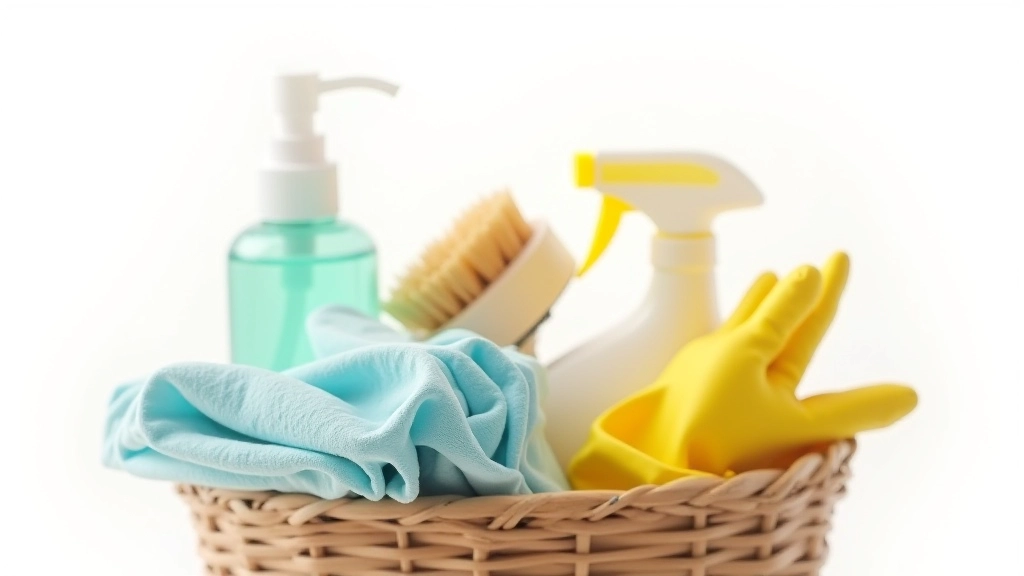 Produtos de limpeza organizados numa bandeja com panos coloridos e equipamento de proteção