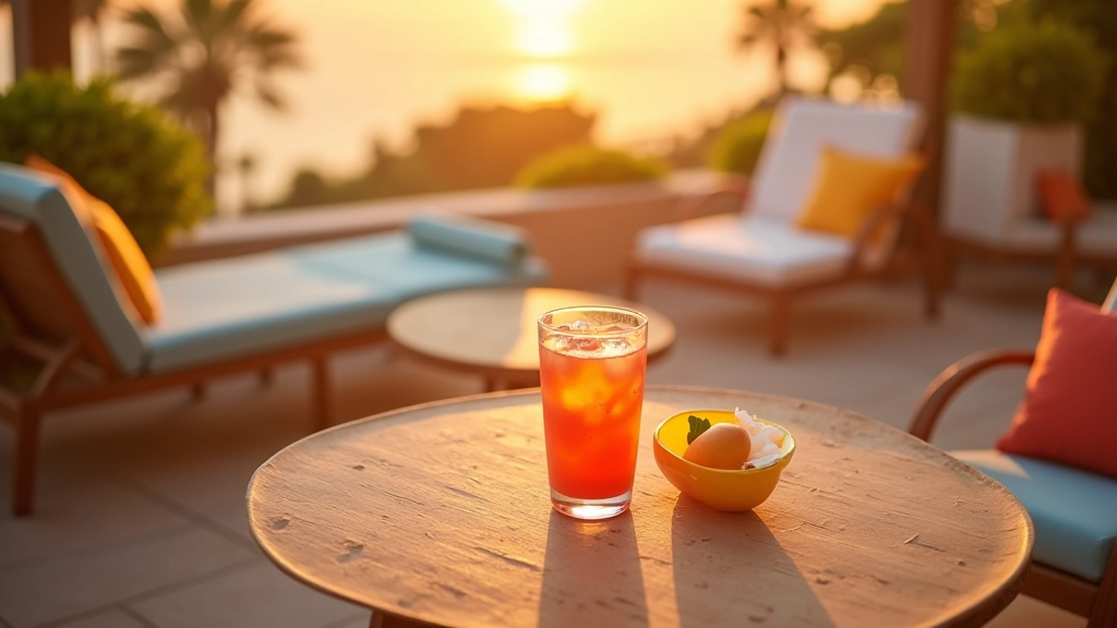 Detalhe de terraço com almofadas coloridas, bebida fria numa mesa de madeira, pôr do sol ao fundo