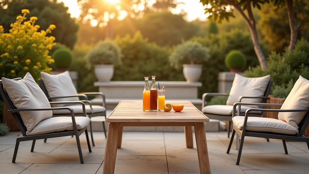 Mobiliário exterior em madeira e metal, almofadas em tons neutros, mesa com bebidas, ambiente aconchegante de final de tarde