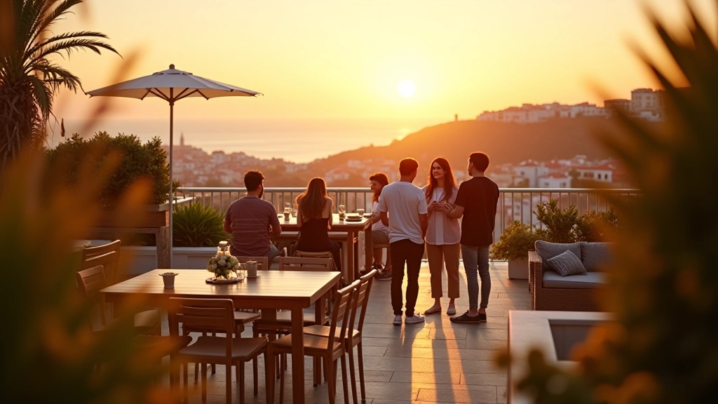 Terraço inteiro ao entardecer com convidados, ambiente social aconchegante, vista para a paisagem portuguesa, iluminação natural e artificial